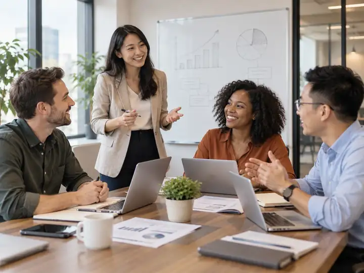 Equipo profesional colaborando en una relación cercana, amigable y de pares